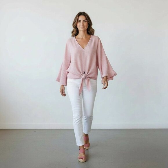 Umgee Blush Pink Crinkle Cotton Ruffle Bell Sleeve Oversized Relaxed M - Picture 14 of 15